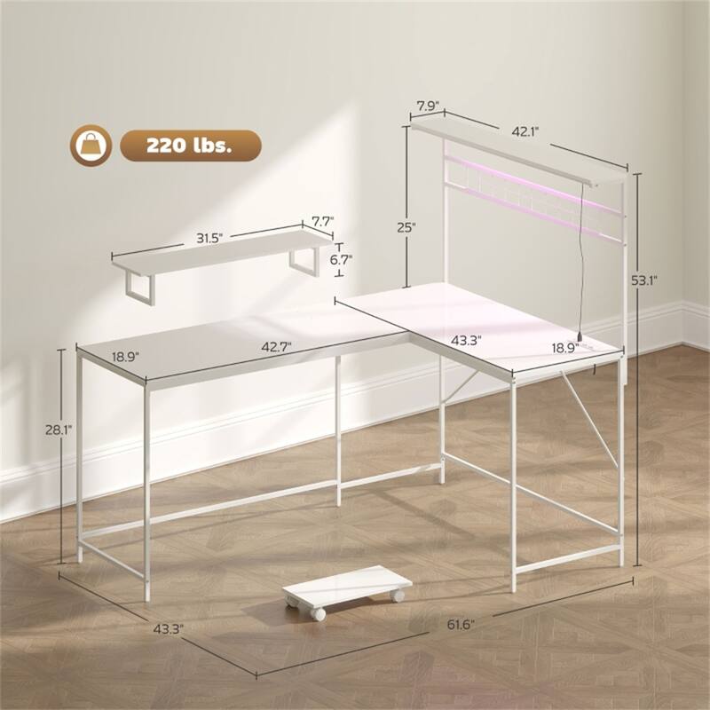 Modern L-Shaped Gaming Desk with Adjustable RGB Lighting and Rolling Keyboard Shelf USB Port