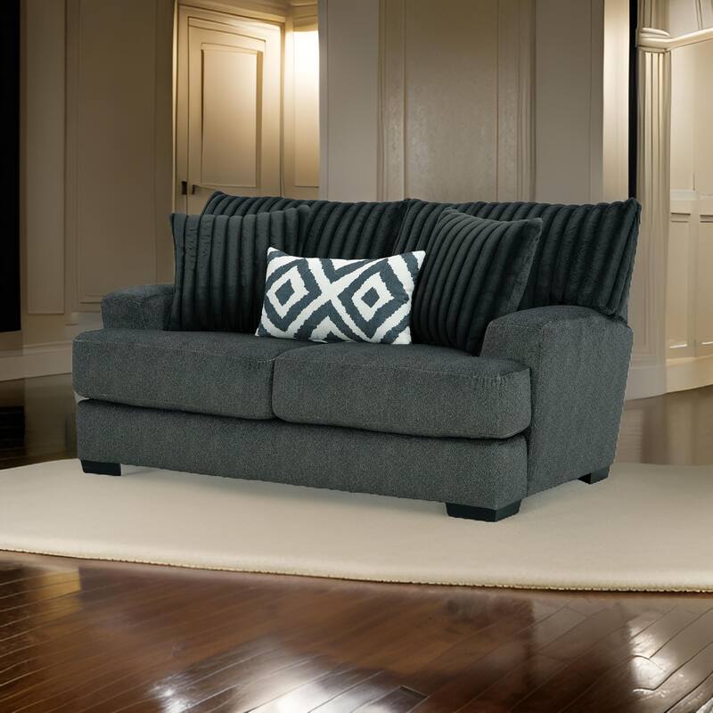 Laila Loveseat, 2 Accent Pillows, 72 Inch Solid Wood, Dark Gray Chenille