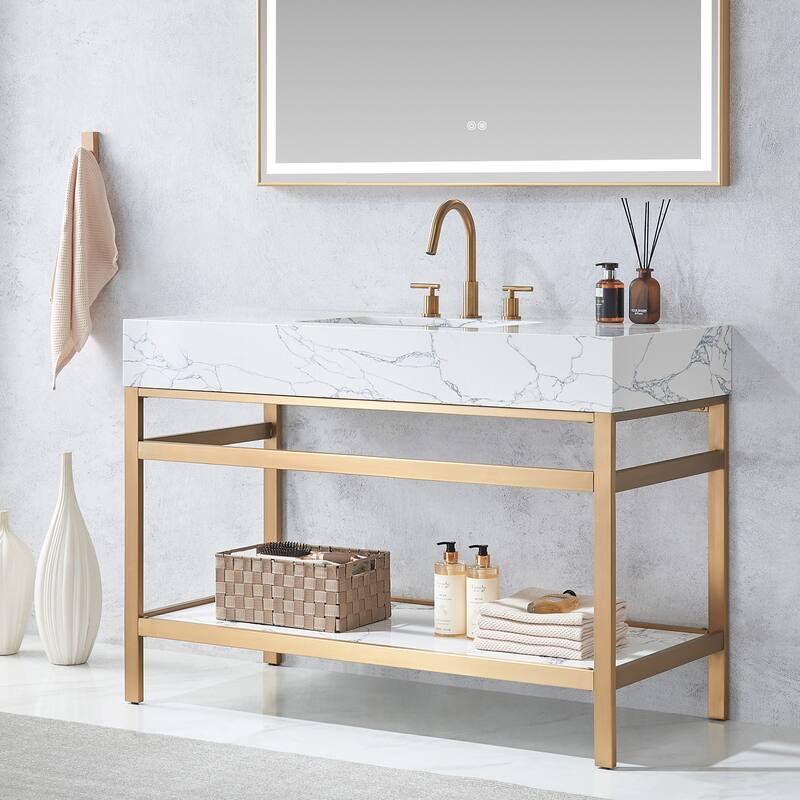 Ecija Bath Vanity, Metal Support with Composite Stone Top and Mirror