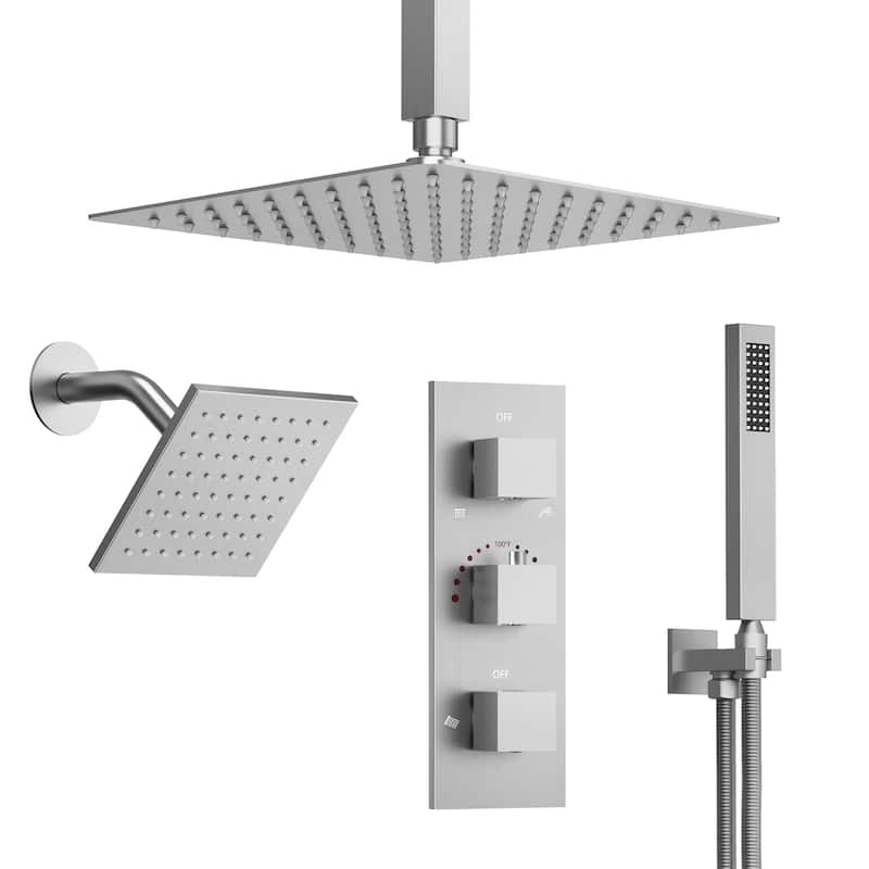 GRANDJOY 12" Dual‑Rain Shower System with Handheld, Ceiling and Wall‑Mount Heads, Thermostatic Valve and High‑Flow Design - Brushed Nickel