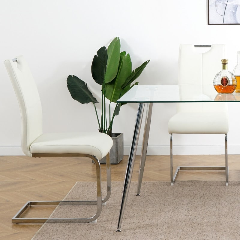Modern Dining Room Chairs with Faux Leather Padded Seat and Chrome Metal Legs（Set of 2）