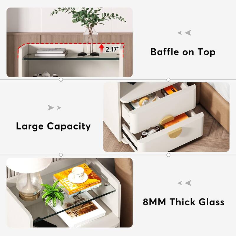 19.68" 2-Drawer Nightstand with Tempered Glass Top & Open Shelf - Wood Bedside Table with Gold Metal Legs, Stylish End Table