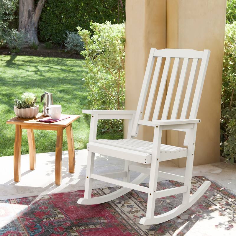 Acacia Wood Outdoor Rocking Chair, Traditional Porch Outdoor Rocker Chairs with Slatted - 43" H - White