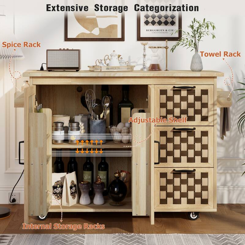 Kitchen Island with Drop Leaf, 3 Drawers and 2 Cabinets