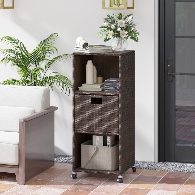 Mix Brown PE Rattan Outdoor Storage Cabinet with Metal Frame and Wheels - 16" x 16" x 39.5"