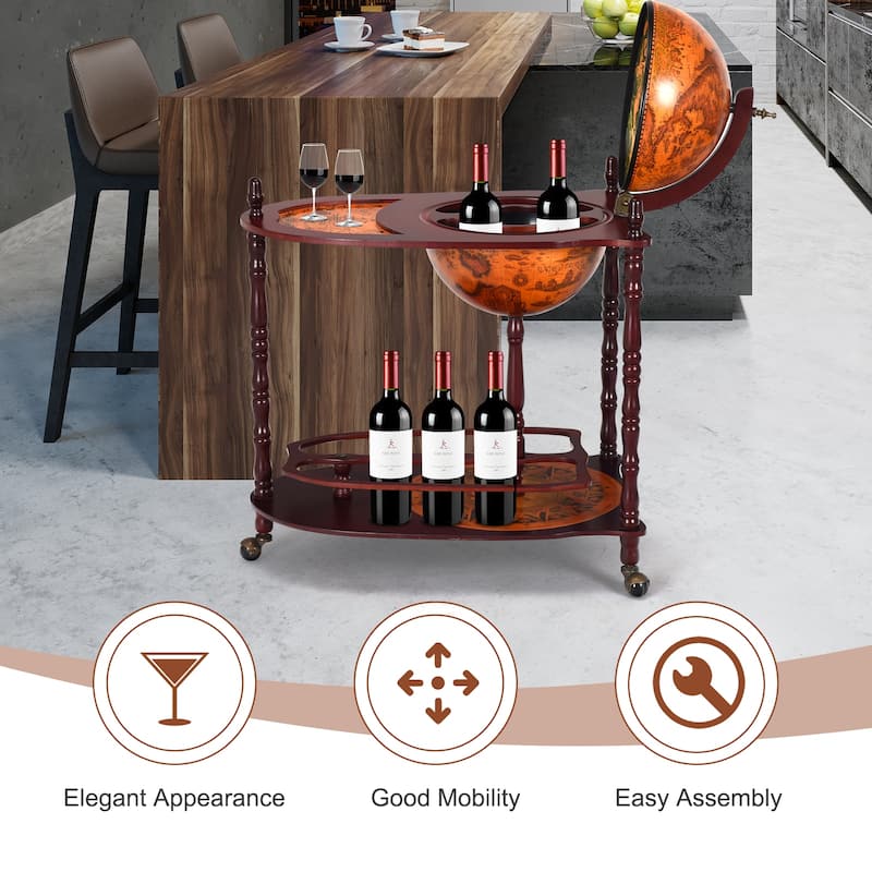 Vintage Globe Wine Stand Bottle Rack with Extra Shelf - 27.5" x 17.7" x 34.6" (L x W x H)