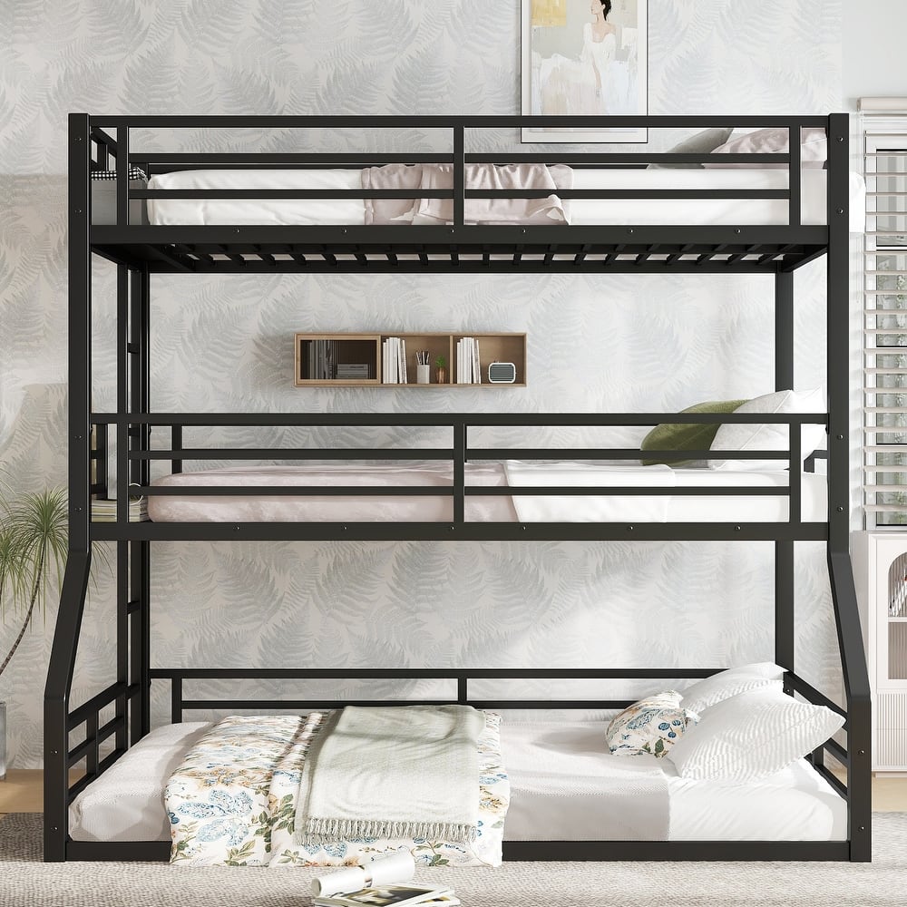 Metal Triple Bunk Bed Frame, Heavy Duty Metal Bunk Bed Frame, Floor Triple Bunk Bed with Safety Guardrails