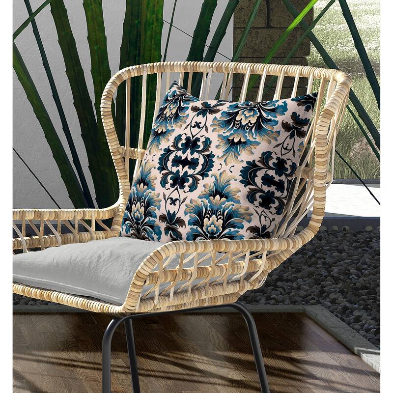 Damask Rapture Indoor/Outdoor Reversible Throw Pillow Turquoise and Beige