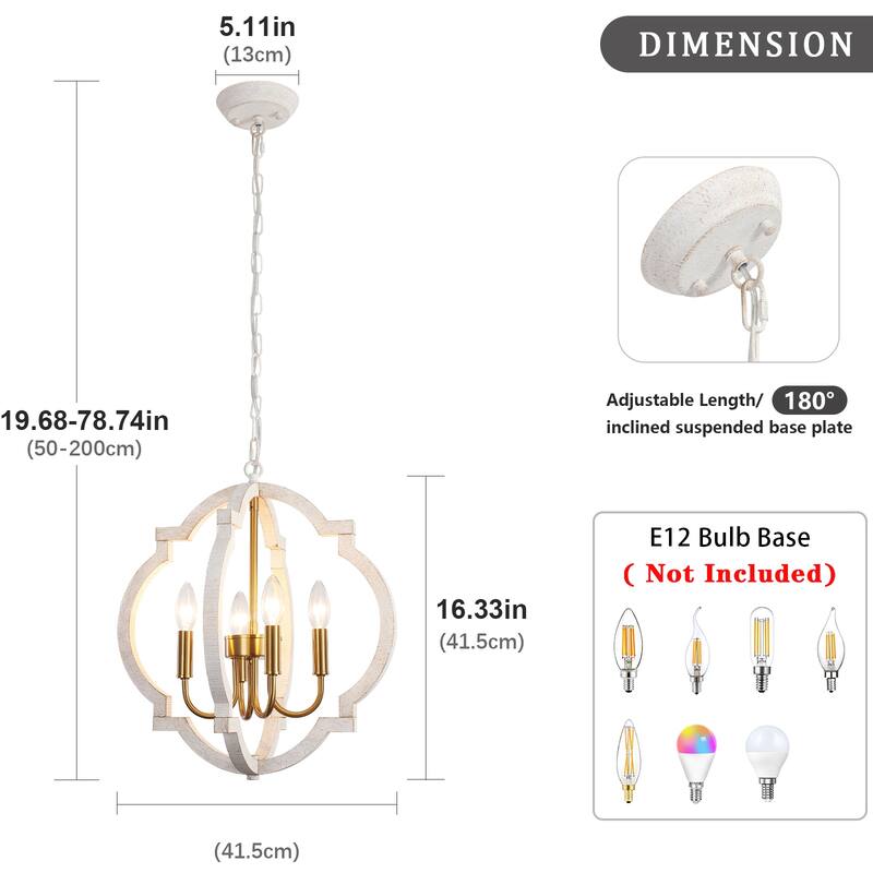 4-Light W16.34" x H78.74" Wooden Lantern Rustic Chandeliers for Dining Room