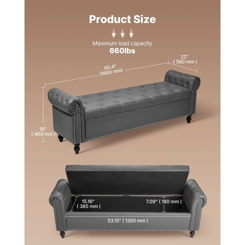 Modern PU Leather Storage Ottoman Bench with Soft-Close Hinges for Spacious Bedroom Organizer - 65.4”L x 22”W x 18”H