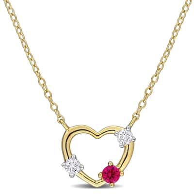 Miadora 1/6ct TGW Created Ruby 1/7ct TW Lab-Grown Diamond Heart Necklace Yellow Silver