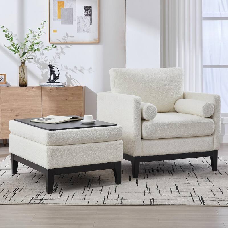 Boucle Armchair with Storage Ottoman - 300lb Capacity, Farmhouse Style