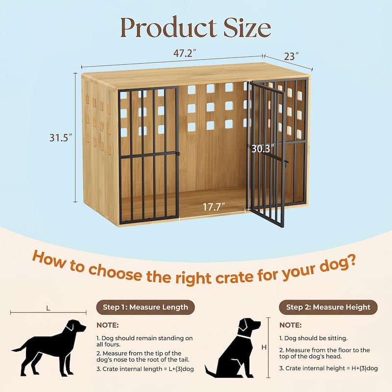47.2" Wooden Dog Crate Furniture, Large Indoor Dog Kennel with Metal Doors, Solid Pine Wood Pet Crate End Table for Large Dogs