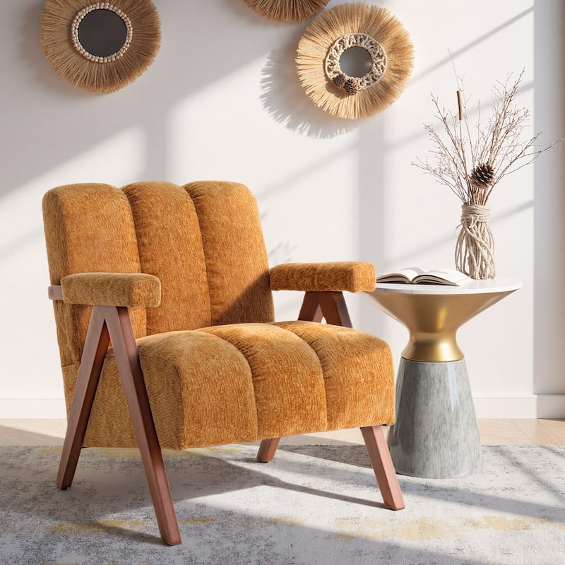 Mid Century Modern Accent Chair, Chenille Armchair with Solid Wood Legs, Channel Tufted Comfy Reading Chair for Living Room - Camel