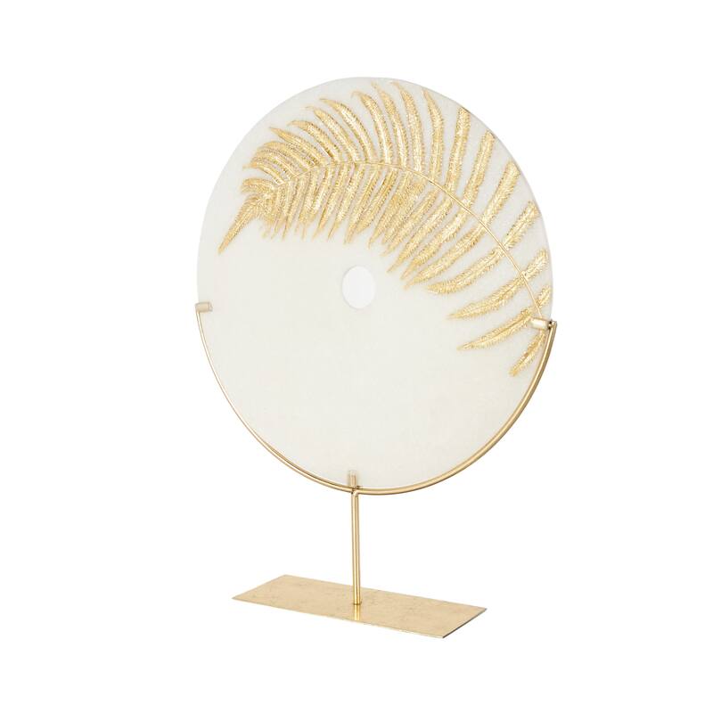 White Polystone Round Disk Leaf Decorative Sculpture with Center Cutout and Gold Base