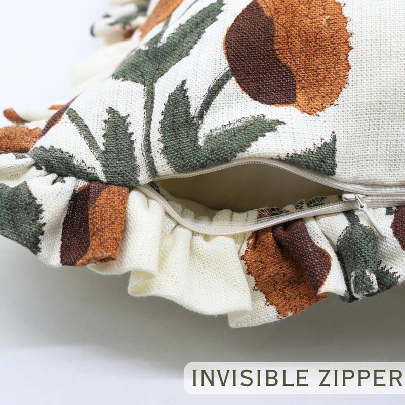 Fabdivine Heavy Linen Floral Ruffled Both Side Cushion Cover Home Décor Accent