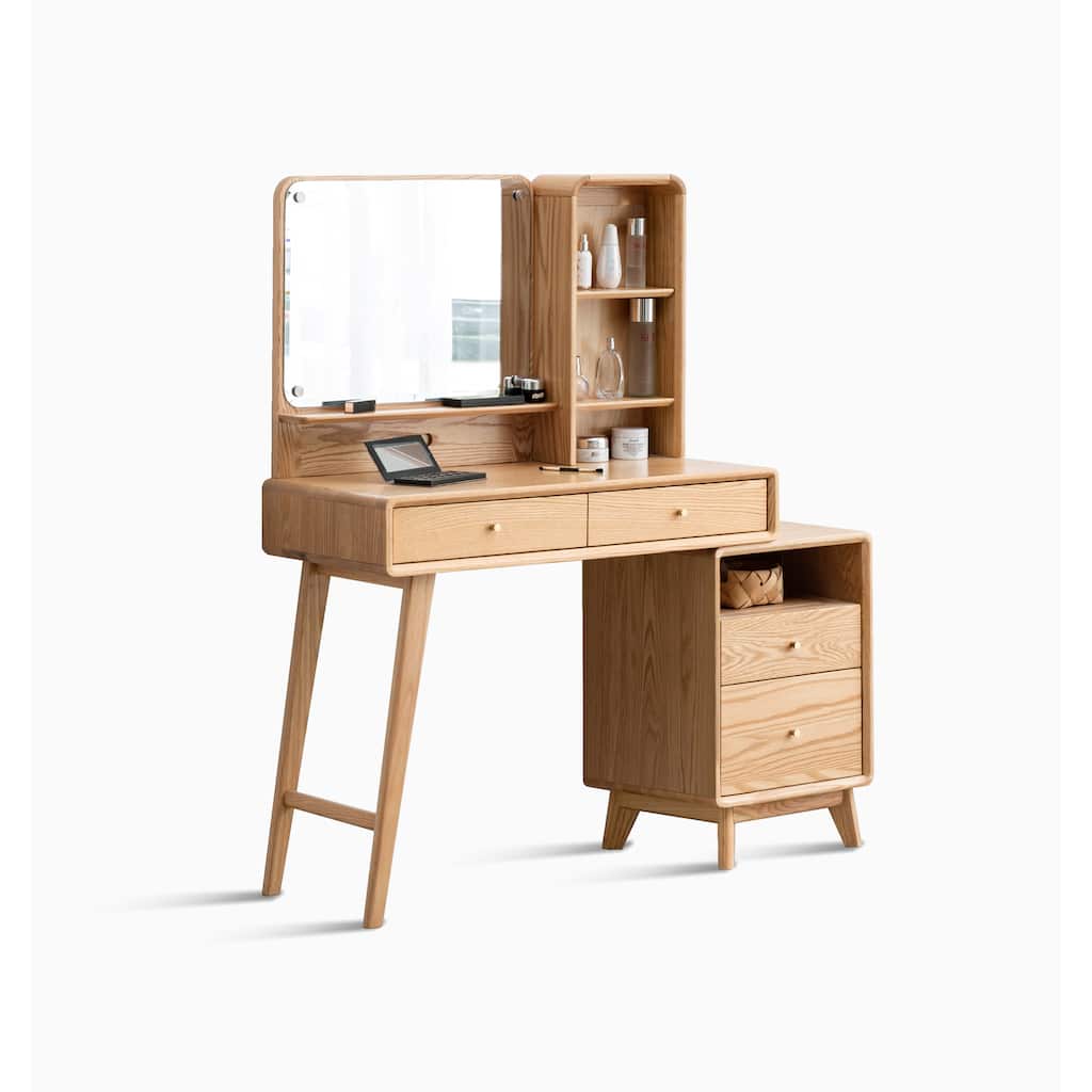Small Solid Oak Dressing Table with Storage and Vanity Mirror
