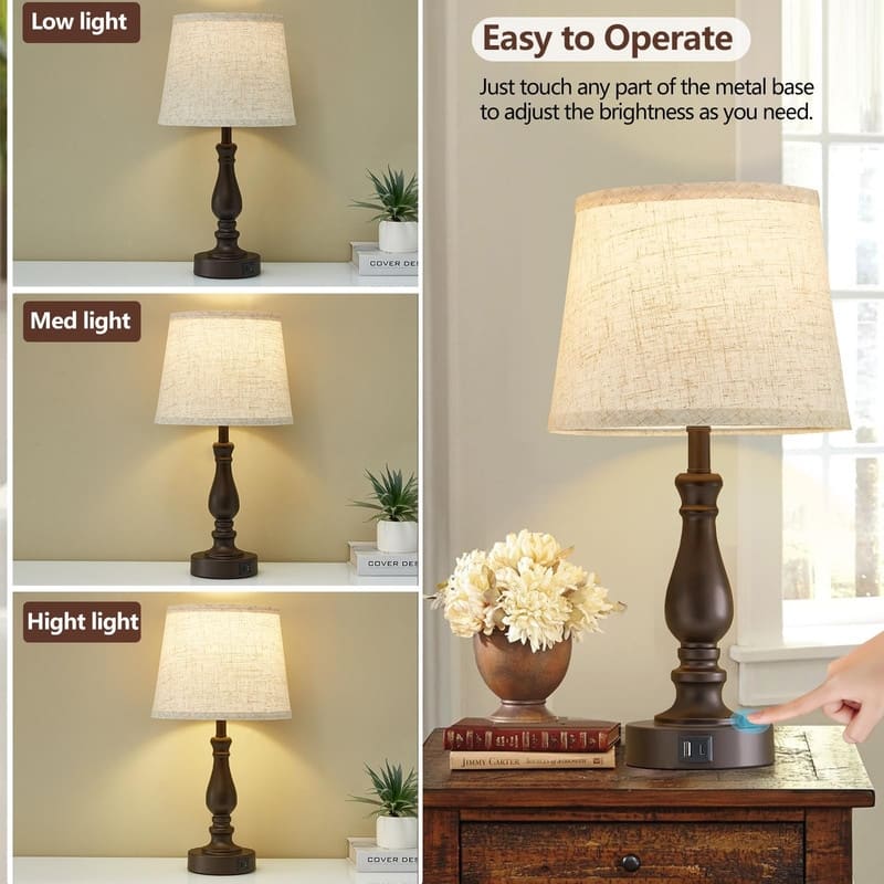 Lamps for Bedrooms Set of 2, Touch Bedside Table Lamp with USB Ports
