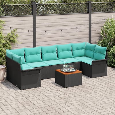 vidaXL 8 Garden Sofa Set with Cushions Black Poly Rattan - 113.8 x 52.2 x 27.2