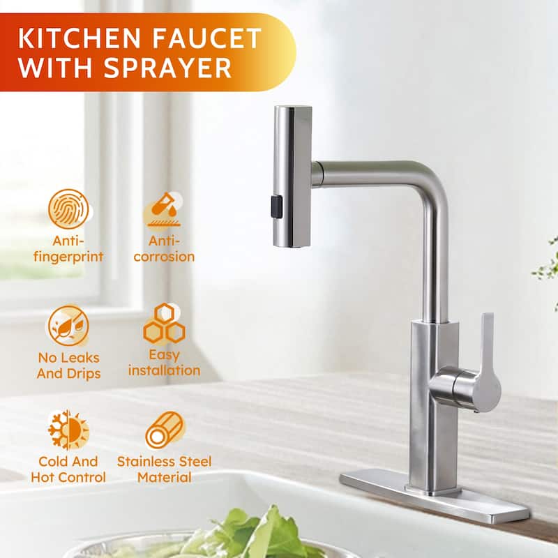 WOWOW Single Handle Pull Out Sprayer Kitchen Faucet with 3-Mode Advanced Spray