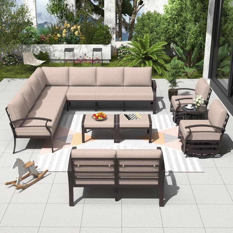 Kullavik Aluminum Corner Sofa Set, Patio Outdoor Sectional Sofa Set with Armrests and Footrests