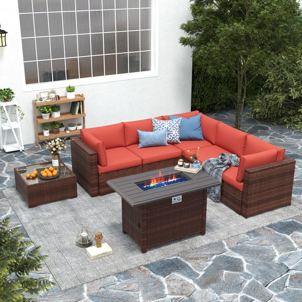 7 Piece Wicker Set Patio Sofa Furniture with Fire Pit And Table
