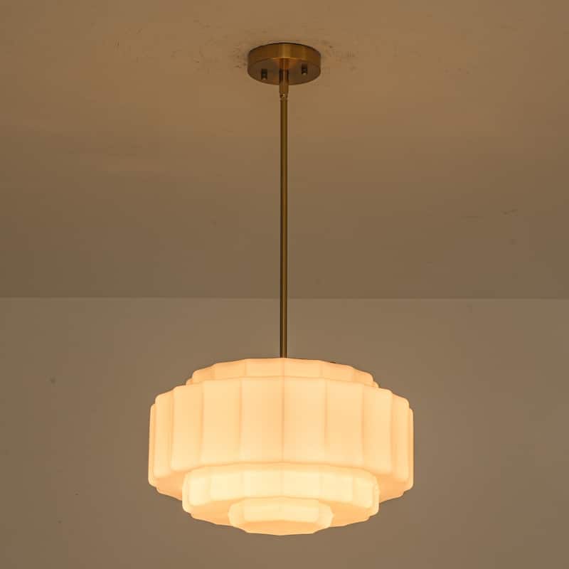 3-Light Mid-Century Modern Brass Tiered Milk Glass Pendant for Dining Room - 15.7 in. W x 7.1 in. H