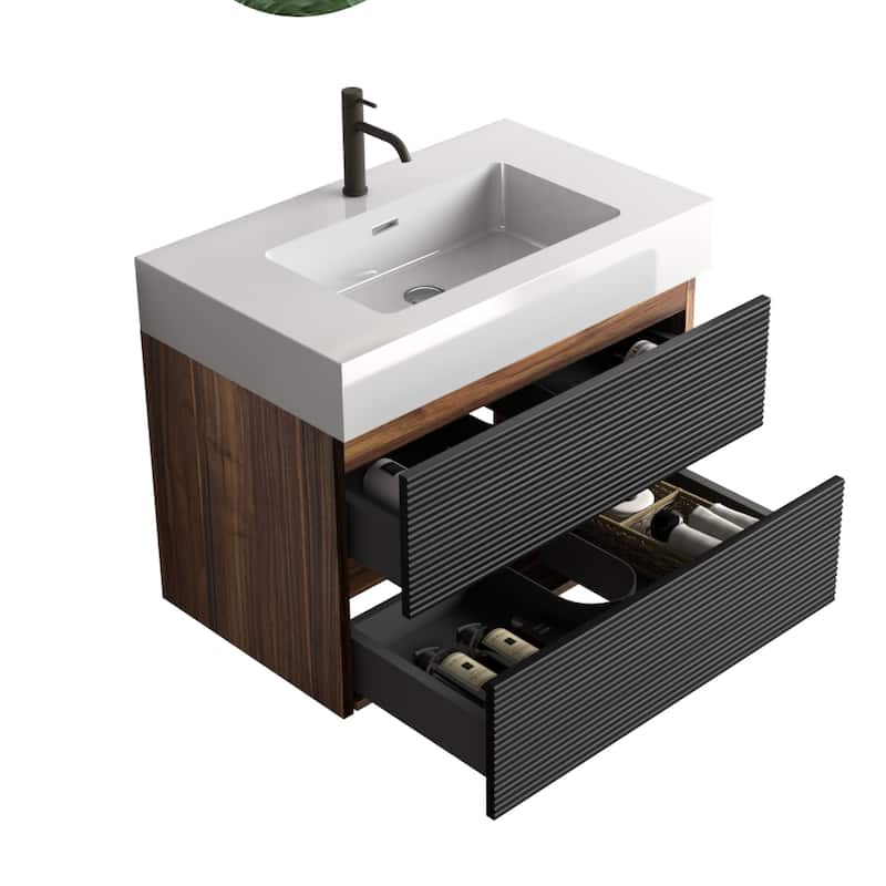 30" Bathroom Vanity with Sink Engineered Quartz Sink and Soft Black Drawers, Wall Mounted Floating Bathroom Vanity