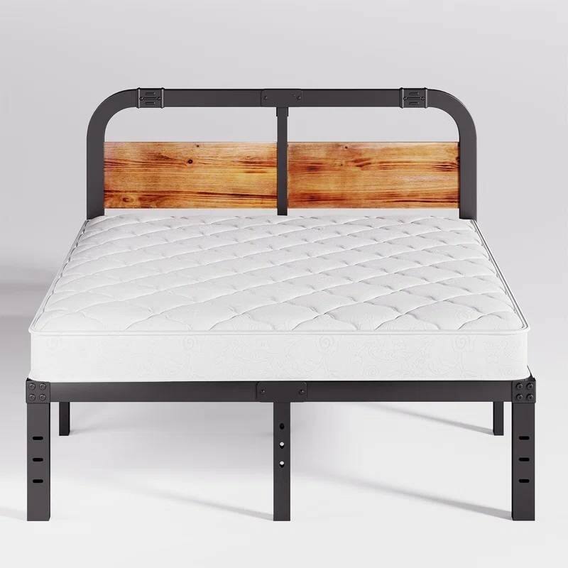 Black Metal Platform Bed Frame with Rustic Wood Headboard and Strong Steel Slats Under Bed Storage - California King