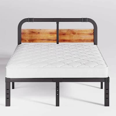 Black Metal Platform Bed Frame with Rustic Wood Headboard and Strong Steel Slats Under Bed Storage