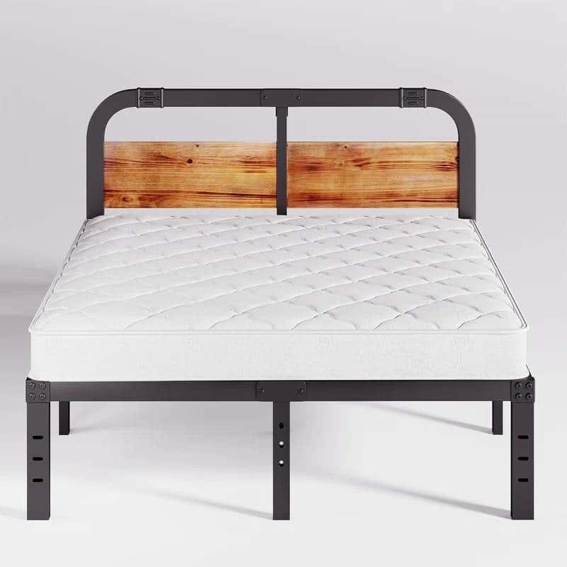 Black Metal Platform Bed Frame with Rustic Wood Headboard and Strong Steel Slats Under Bed Storage