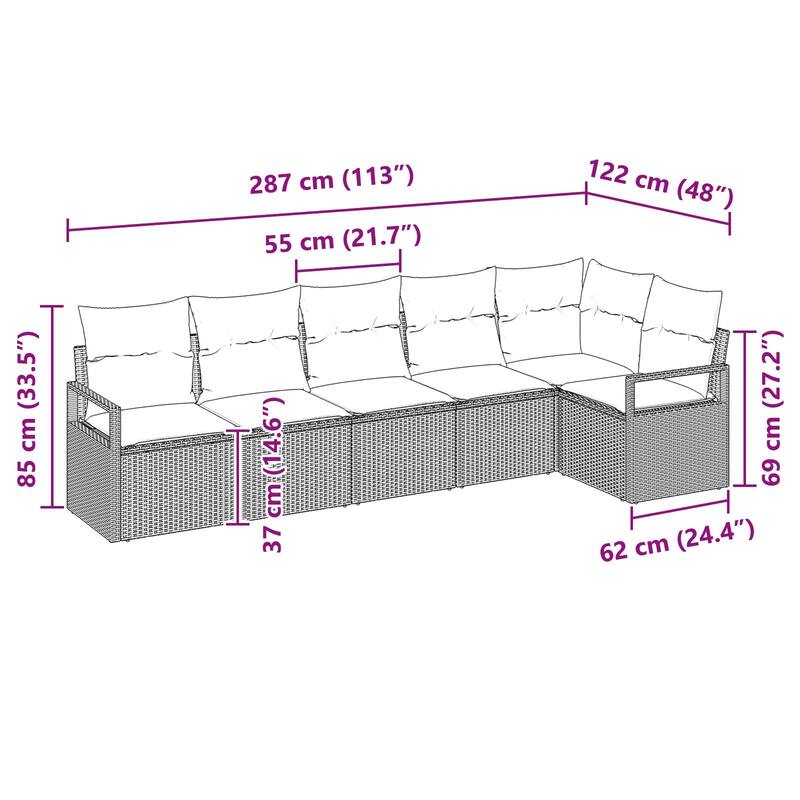 vidaXL 7 Garden Sofa Set with Cushions Black Poly Rattan - 113 x 48 x 27.2