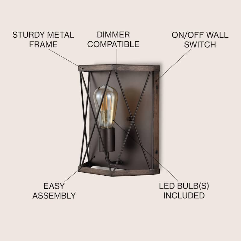 Evan 8.25" 1-Light Rustic Farmhouse Iron LED Sconce, Wood Finished/Oil Rubbed Bronze by JONATHAN Y