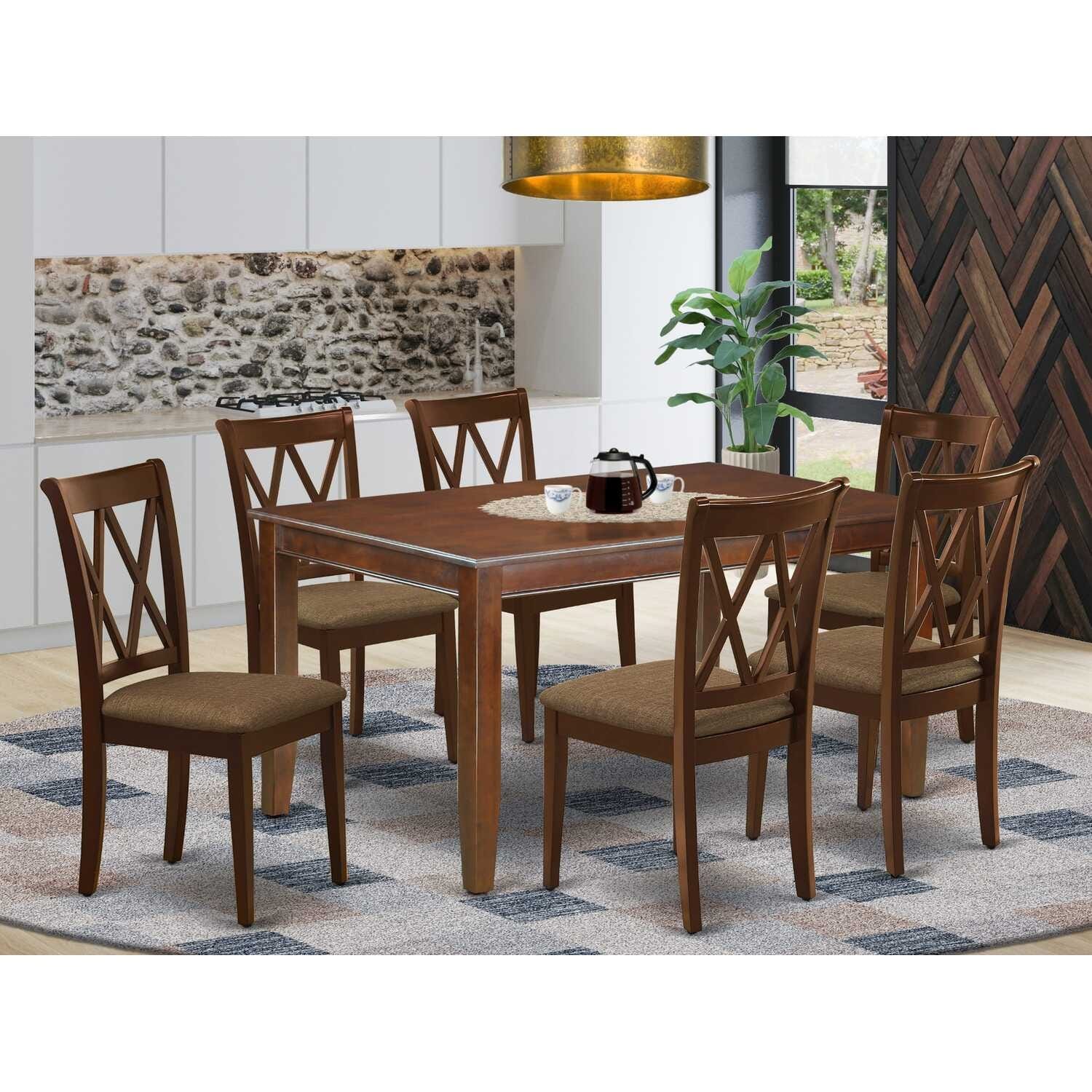 HomeStock 7-Piece Rectangle Mahogany Finish Solid Wood Top Dining Table with 6-Chairs with Cross Back