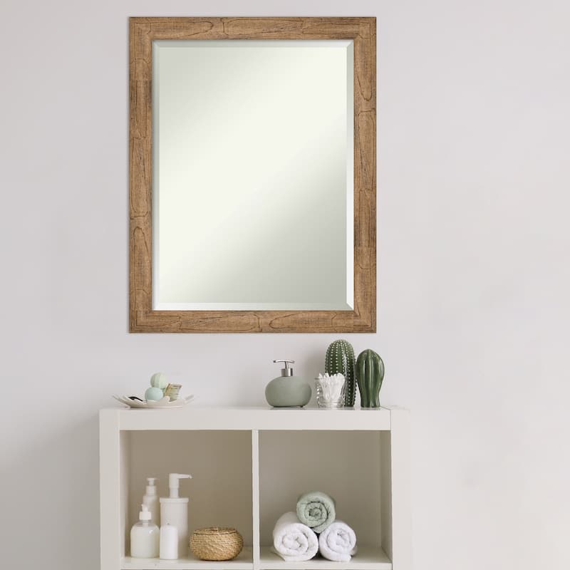 Beveled Wood Bathroom Wall Mirror - Owl Brown Narrow Frame