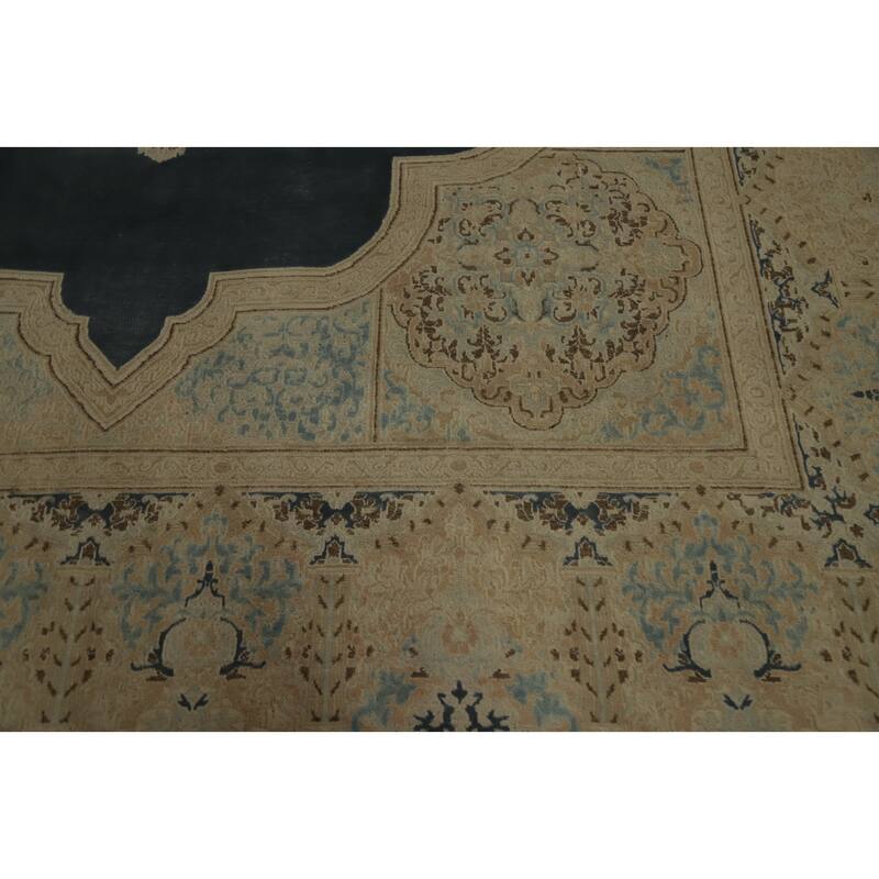 Hand Knotted Oriental 100% Wool Carpet Traditional Medallion Greys & Charcoal Kerman Area Rug - 12' 4'' X 9' 8''