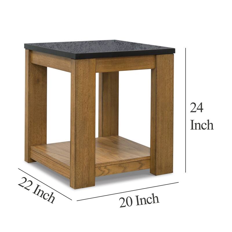 Enty Side End Table, Classic Faux Stone Top, 22 Inch Light Brown Wood