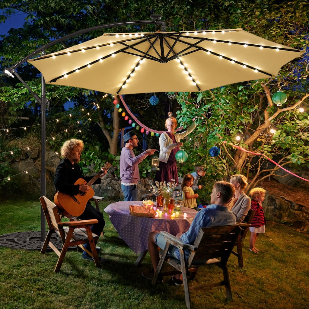 Gymax 10ft Solar Patio Umbrella Outdoor Offset Hanging Umbrella w/ 40