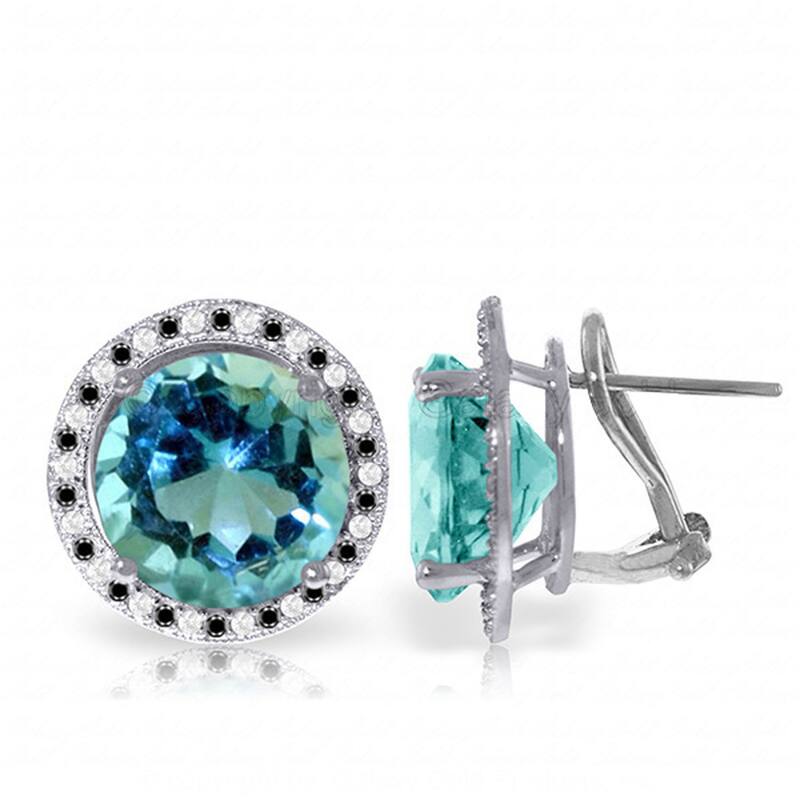 14K Solid Gold Stud Earrings Black / White Diamonds & Blue Topaz - White