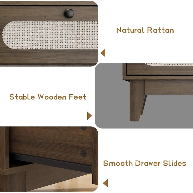 Rattan Drawer Dresser, 3 Wood Drawers Storage Cabinet Dresser for Bedroom, Living Room,Hallway