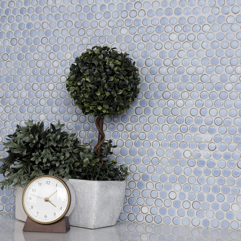 Merola Tile Hudson Penny Round Forst Blue 11-7/8" x 12-5/8" Porcelain Floor and Wall Tile