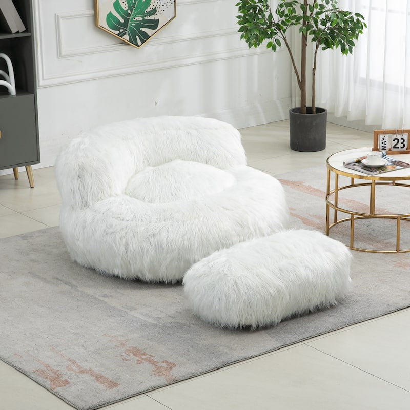 Plush Upholstered Round Comfort Lounger Bean Bag Chair with Ottoman