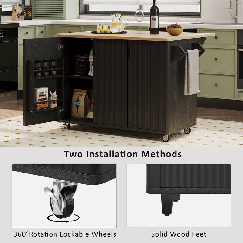 51.30'' Fluted Kitchen Island with Drop Leaf, Rolling Wheels, Internal Storage Rack, and Towel Rack - 51.3'' x 29.5'' x 36.4''