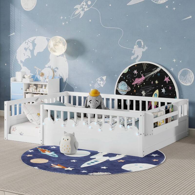 Floor Bed Frame with High Rails, Wooden Kids Floor Bed with Light and Storage Shelf