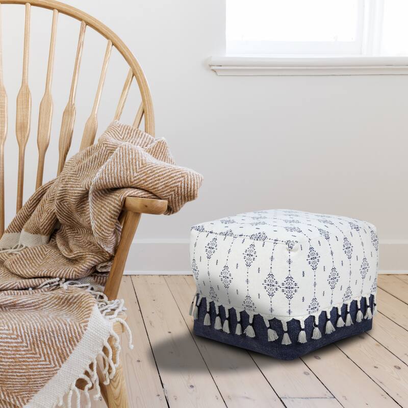Sevita Navy and Ivory Scandinavian Ornamental Motif Pouf Ottoman