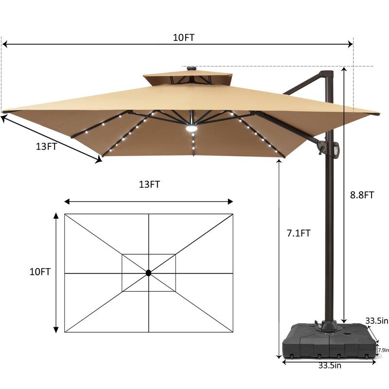 10 X 13 FT Outdoor Patio Cantilever Umbrella with Solar Lights Wheeled Base Double Canopy 360 Rotation Tilt