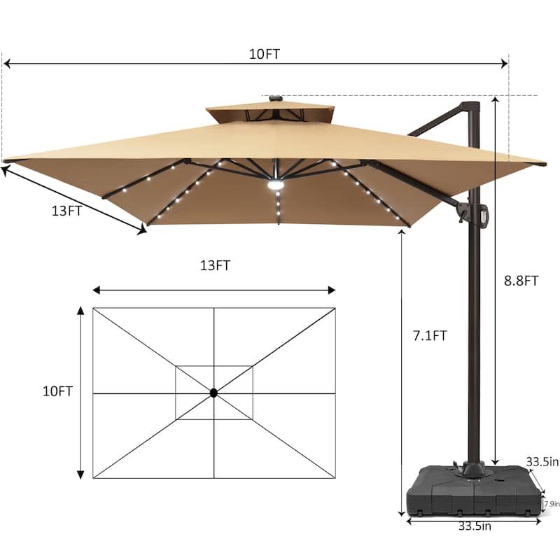 Pellebant 10 x 13FT Outdoor Rectangular Cantilever Patio Umbrella Solar LED Lighted with Wheel Base