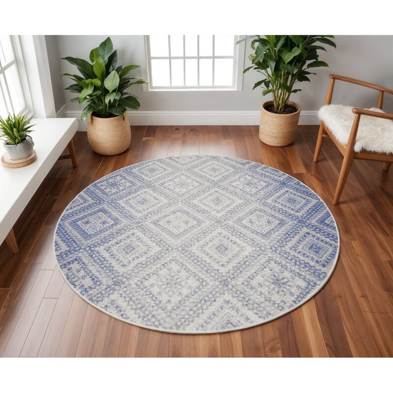 Guhiv Power Loomed Distressed Geometric Modern Stain Resistant Area Rug By HomeRoots - 96' X '96' X '0.39 - 96' X '96' X '0.39 - Oxford Blue - Round