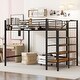 preview thumbnail 1 of 16, Full Size Metal Loft Bed with Storage Ladder and Grid Shelf Black