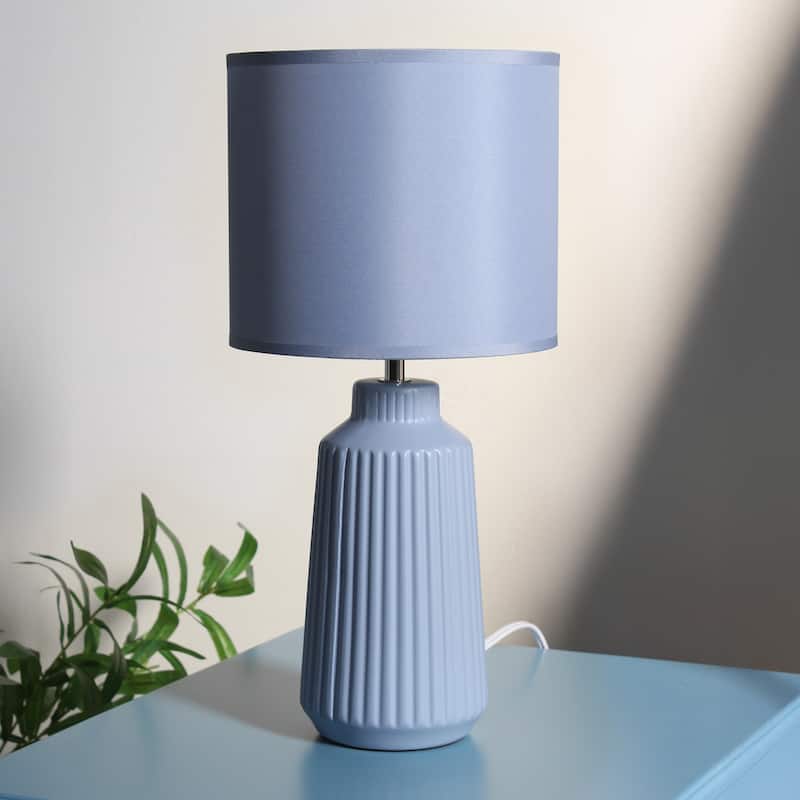 Textured Ceramic Table Lamp with Fabric Drum Shade Modern Faceted Base Compact Accent Lighting Multiple Colors